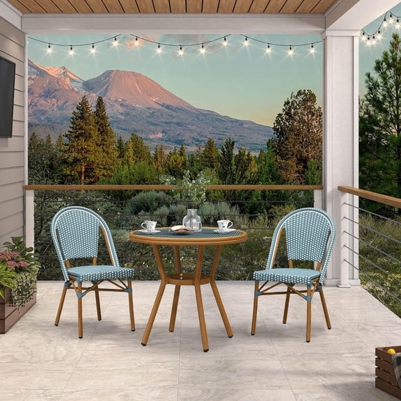 PURPLE LEAF OUTDOOR  3-Piece French Bistro Dining Set Round Outdoor Patio Table and 2 Armless Chairs Tempered Glass Top PE Rattan Bamboo Print Finish Aluminum Frame Light Blue