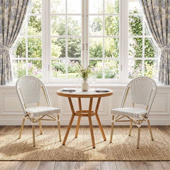 PURPLE LEAF OUTDOOR 3-Piece French Bistro Dining Set Round Outdoor Patio Table and 2 Armless Chairs Tempered Glass Top PE Rattan Champagne Finish Aluminum Frame White