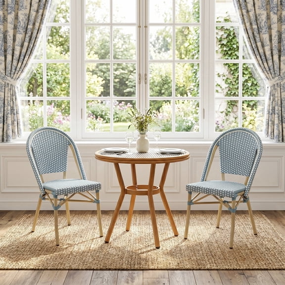 PURPLE LEAF OUTDOOR 3-Piece French Bistro Dining Set Round Outdoor Patio Table and 2 Armless Chairs Tempered Glass Top PE Rattan Champagne Finish Aluminum Frame Light Blue