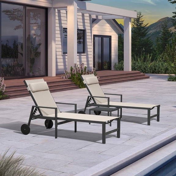 PURPLE LEAF 3-Piece Patio Lounge Chair Set - Outdoor Chaise Loungers with Aluminum Frame, Armrest, Side Table & Wheels for Poolside Sunbathing & Tanning, Includes Pillows
