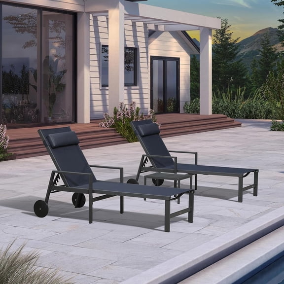 PURPLE LEAF 3-Piece Patio Lounge Chair Set - Outdoor Chaise Loungers with Aluminum Frame, Armrest, Side Table & Wheels for Poolside Sunbathing & Tanning, Includes Pillows