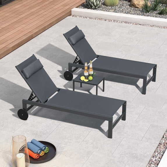 PURPLE LEAF 3-Piece Patio Lounge Chair Set – Outdoor Chaise Loungers with Aluminum Frame, Side Table & Wheels for Poolside, Sunbathing & Tanning, Includes Pillows,Gray