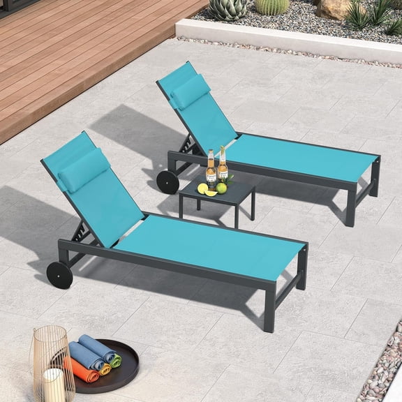 PURPLE LEAF 3-Piece Patio Lounge Chair Set – Outdoor Chaise Loungers with Aluminum Frame, Side Table & Wheels for Poolside, Sunbathing & Tanning, Includes Pillows