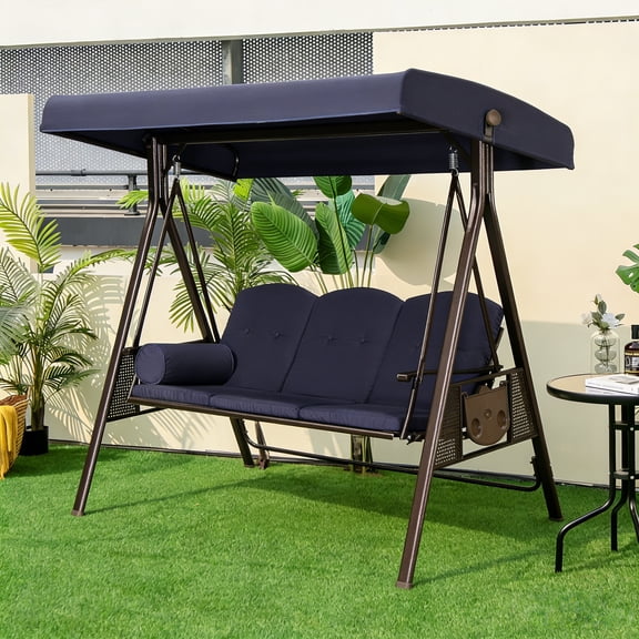 PURPLE LEAF 3-Seat Deluxe Outdoor Patio Porch Swing with Weather Resistant Steel Frame, Adjustable Tilt Canopy, Cushions and Pillow Included, Navy Blue