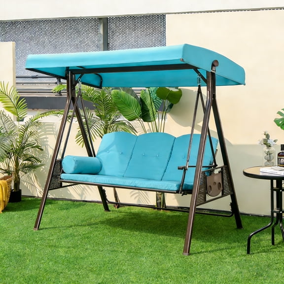 PURPLE LEAF 3-Seat Deluxe Outdoor Patio Porch Swing with Weather Resistant Steel Frame, Adjustable Tilt Canopy, Cushions and Pillow Included, Turquoise Blue