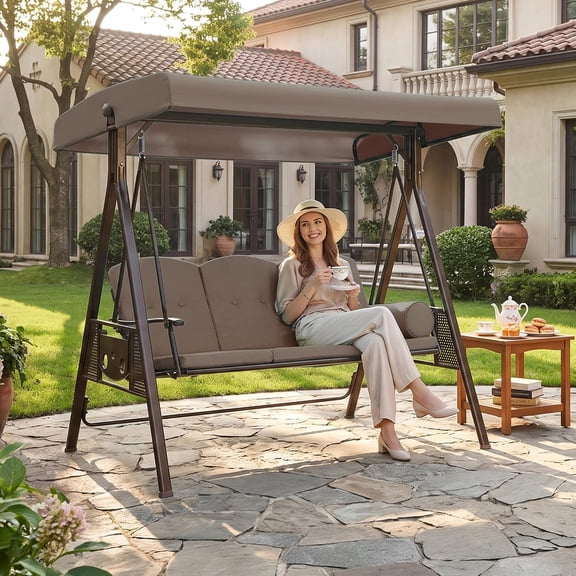 PURPLE LEAF 3-Seat Outdoor Patio Porch Swing for Adults, Heavy Duty Swing Chair with Adjustable Canopy, Stand and Padded Cushions, Khaki
