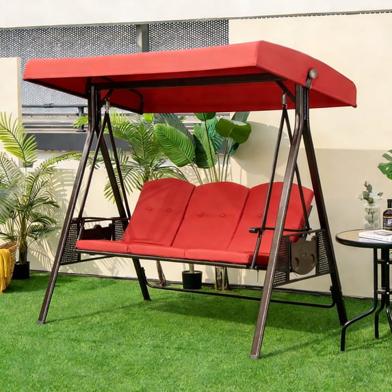 PURPLE LEAF 3-Seat Deluxe Outdoor Patio Porch Swing with Weather Resistant Steel Frame, Adjustable Tilt Canopy, Cushions and Pillow Included, Terra