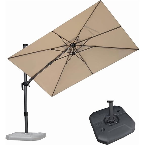 PURPLE LEAF 6.5' X 10' Left-right Tilt Patio Umbrella with Base Outdoor Cantilever Swivel Rectangle Umbrella Aluminum Offset Umbrella with 360-degree Rotation for Garden Deck Pool Patio Beige