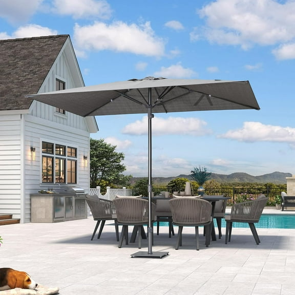PURPLE LEAF 6 X 10 FT Semi-Auto Outdoor Market Patio Umbrella Sun Umbrellas with 8 Aluminum Sturdy Ribs for Backyard Deck Garden Pool, Gray Pole Gray Canopy