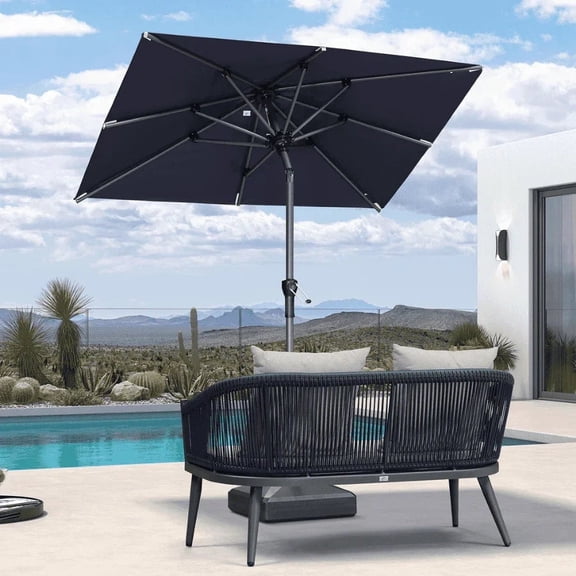 PURPLE LEAF 6' x 4' Rectangular Outdoor Table Umbrella with Crank and Tilt, Aluminum Frame Patio Market Sun Umbrella, 8 Sturdy Ribs, Navy Blue