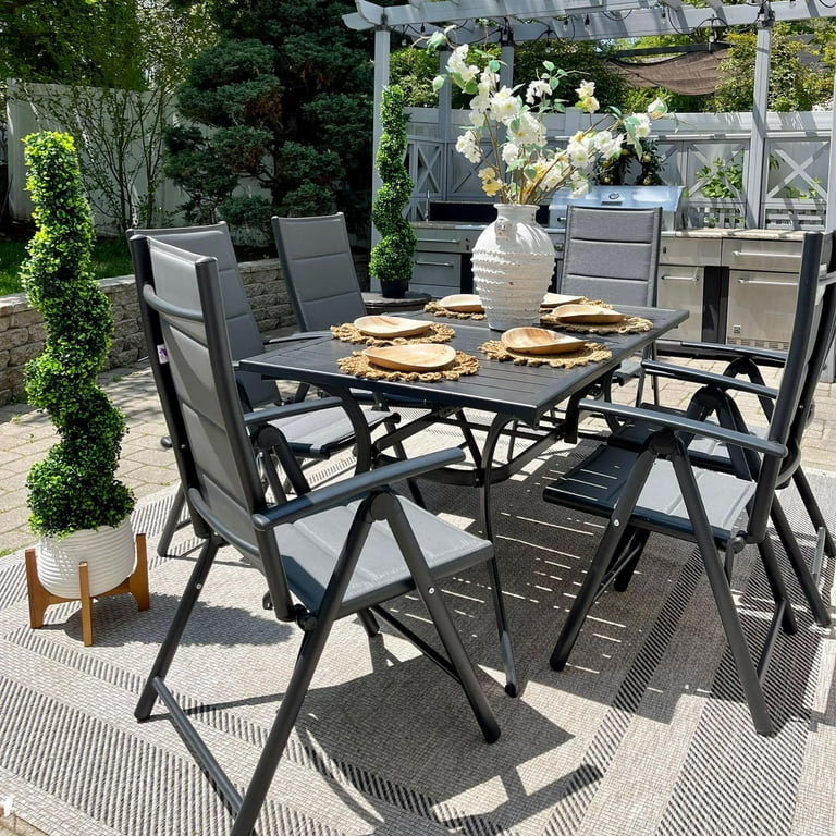 PURPLE LEAF 7 Pieces Outdoor Dining Set with 1 All Aluminum Height Adjustable Black Slat Table and 6 Padded Folding Chairs Modern Patio Furniture