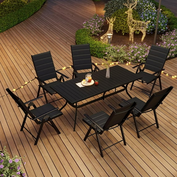 PURPLE LEAF 7 Pieces Patio Dining Set Outdoor Furniture with 6 Padded Folding Chairs and 1 Large Rectangle Aluminum Dining Table Garden Set for Backyard Deck, Black