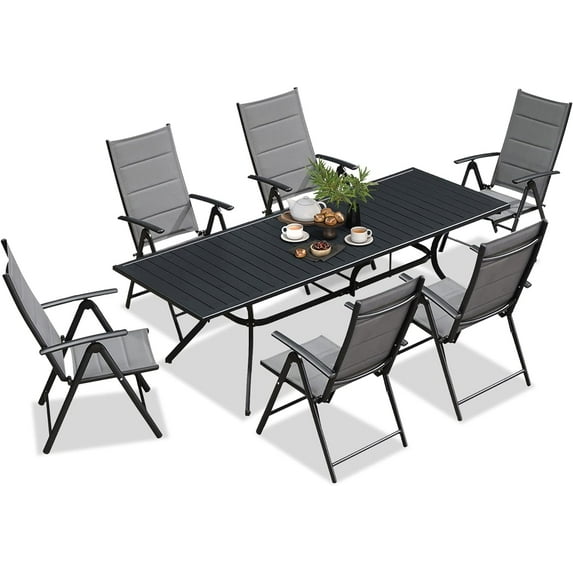 PURPLE LEAF 7 Pieces Patio Dining Set Outdoor Furniture with 6 Padded Folding Chairs and 1 Large Rectangle Aluminum Dining Table Garden Set for Backyard Deck, Grey