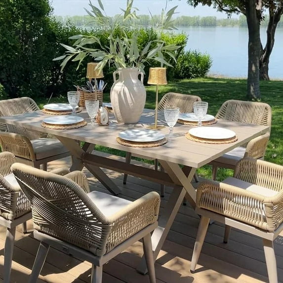 PURPLE LEAF 7 Pieces Patio Dining Set, Rectangular Aluminum Outdoor Table and 6 Wicker Chairs with Cushions for Garden Kitchen and Porch, Champagne