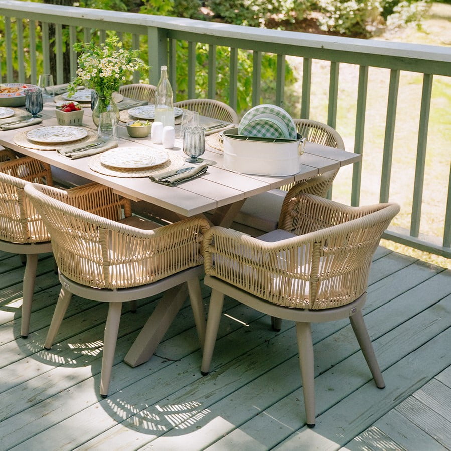 PURPLE LEAF 7 Pieces Patio Dining Set, Rectangular Aluminum Outdoor Table and 6 Wicker Chairs with Cushions for Garden Kitchen and Porch, Champagne