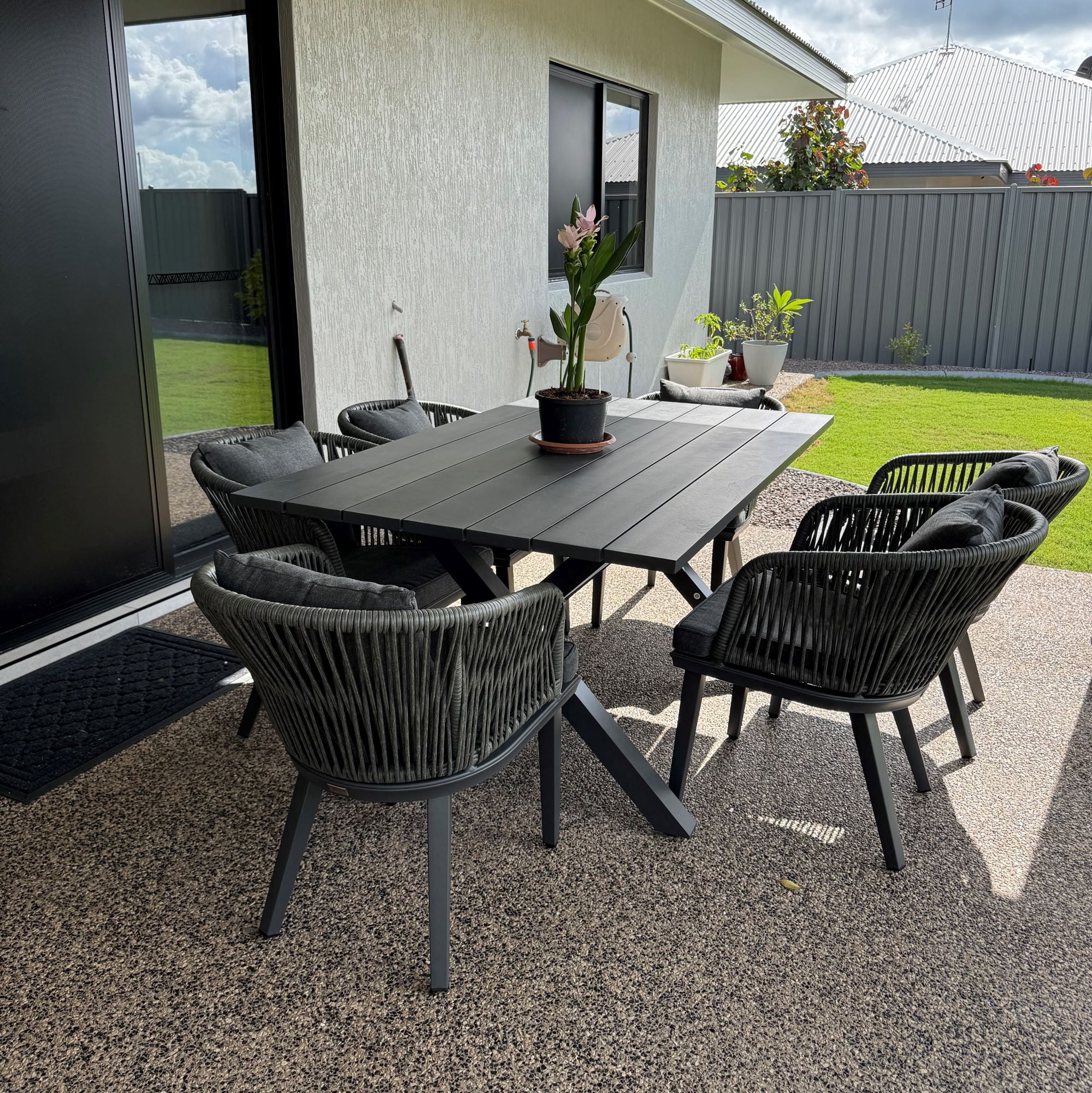 PURPLE LEAF 7 Pieces Patio Dining Set, Rectangular Aluminum Outdoor Table and 6 Wicker Chairs with Cushions for Garden Kitchen and Porch, Grey