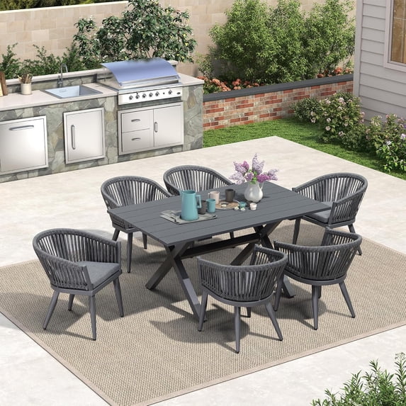 PURPLE LEAF 7 Pieces Patio Dining Set, Rectangular Aluminum Outdoor Table and 6 Wicker Chairs with Cushions for Garden Kitchen and Porch, Grey