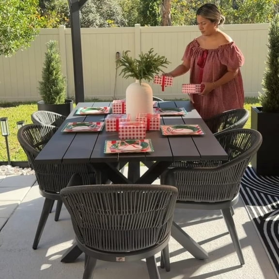 PURPLE LEAF 7 Pieces Patio Dining Set, Rectangular Aluminum Outdoor Table and 6 Wicker Chairs with Cushions for Garden Kitchen and Porch, Grey