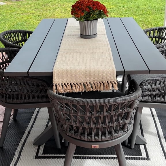 PURPLE LEAF 7 Pieces Patio Dining Set, Rectangular Aluminum Outdoor Table and 6 Wicker Chairs with Cushions for Garden Kitchen and Porch, Grey