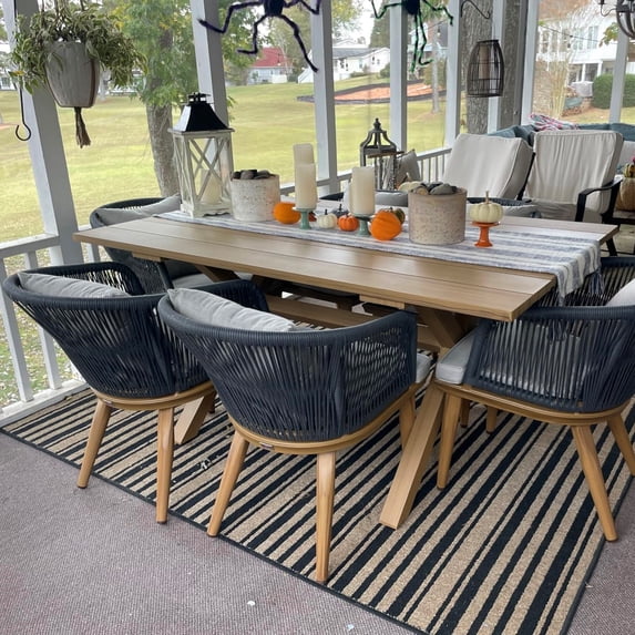 PURPLE LEAF 7 Pieces Patio Dining Set, Rectangular Aluminum Outdoor Table and 6 Wicker Chairs with Cushions for Garden Kitchen and Porch, Teak