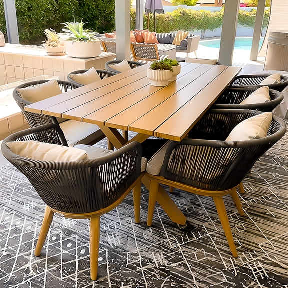 PURPLE LEAF 7 Pieces Patio Dining Set, Rectangular Aluminum Outdoor Table and 6 Wicker Chairs with Cushions for Garden Kitchen and Porch, Teak