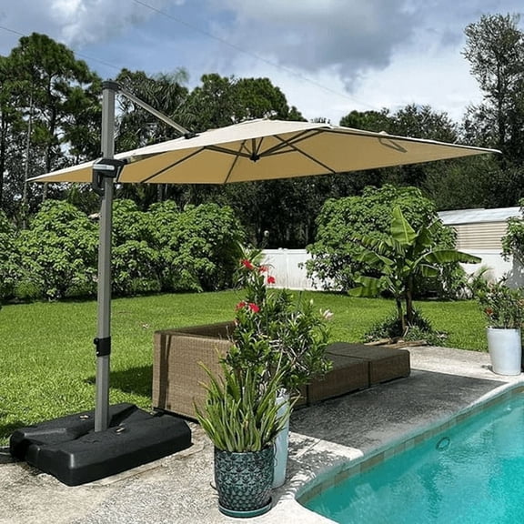 PURPLE LEAF 8x8 ft Square Offset Cantilever Patio Umbrella, Champagne Post, for Outdoor Pool Deck Garden, Beige