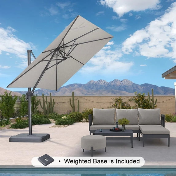 PURPLE LEAF 8 FT Outdoor Umbrella with Base Patio Cantilever Aluminum Umbrella with 3 Years Fade Resistance Recycled Fabric Offset Square with 360-degree Rotation for Deck Garden, Pebble Grey