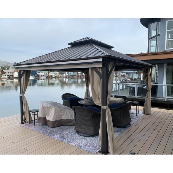 PURPLE LEAF 8’ X 12’ Outdoor Hardtop Gazebo Galvanized Steel Double Roof Metal Frame Patio Gazebo with Curtains and Nettings for Desk Backyard Bronze
