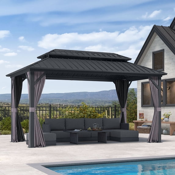PURPLE LEAF 8' X 14' Permanent Hardtop Gazebo Aluminum Frame Patio Gazebo with Galvanized Steel Double Vented Roof Includes Removable Curtains and Netting with Hooks for Garden Lawns Backyard Grey