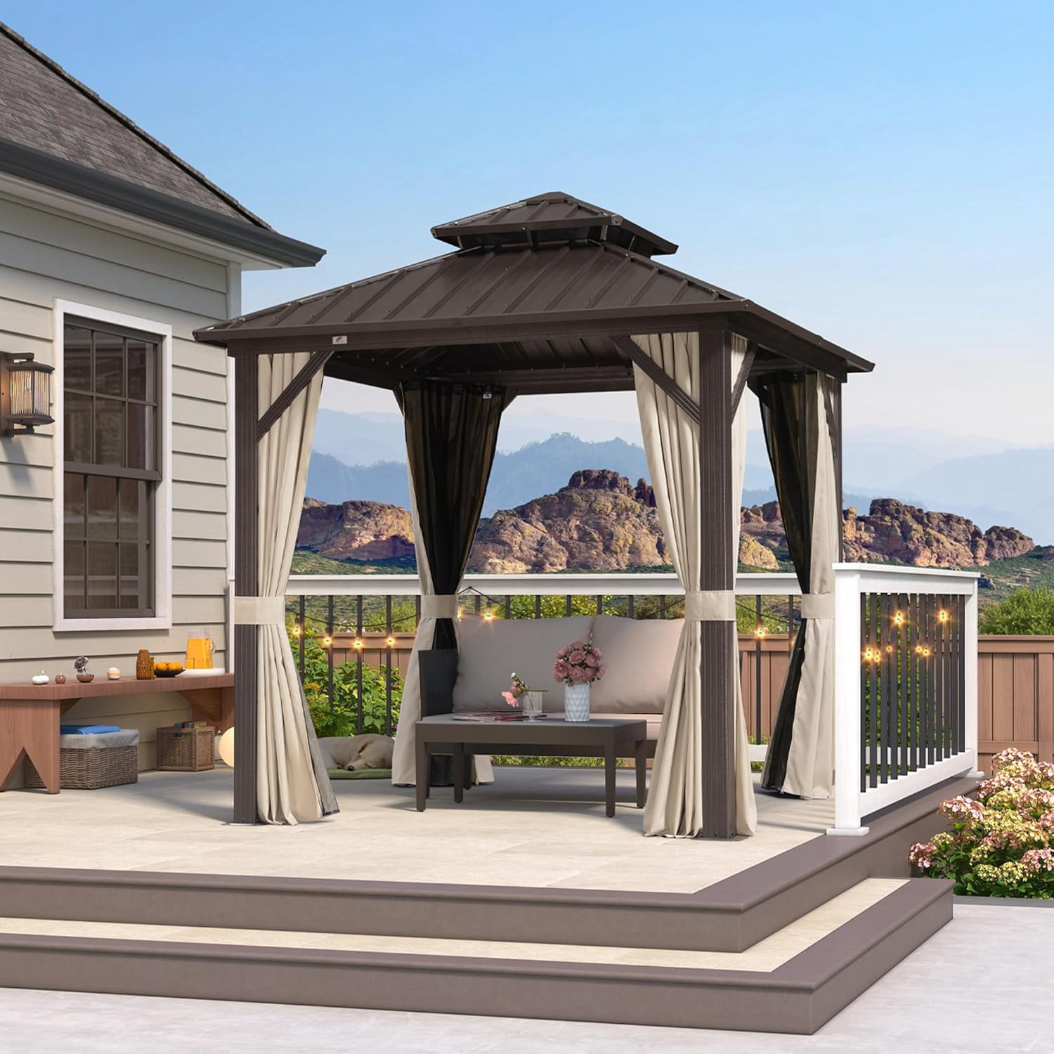PURPLE LEAF 8’ X 8’ Outdoor Patio Hardtop Gazebo Metal Frame Galvanized Steel Double Roof with Curtains and Nettings for Backyard Desk Bronze