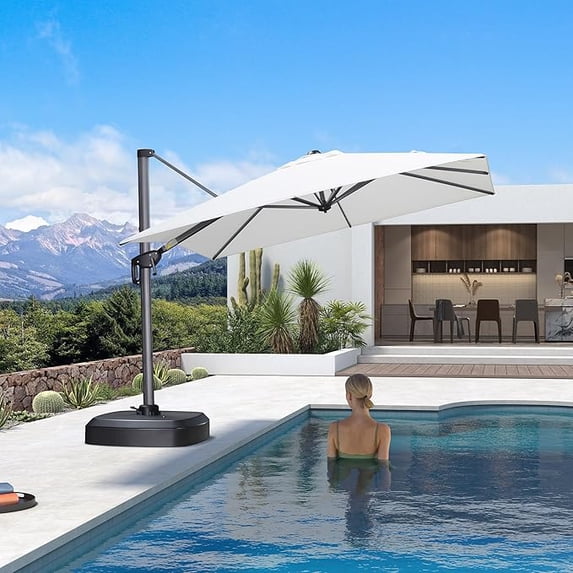 PURPLE LEAF 8' X 8' Patio Umbrella with Wheeled Base for Pool 7' High Offset Outdoor Cantilever Umbrella Swimming Pool Umbrella with 360°Rotation for Poolside White