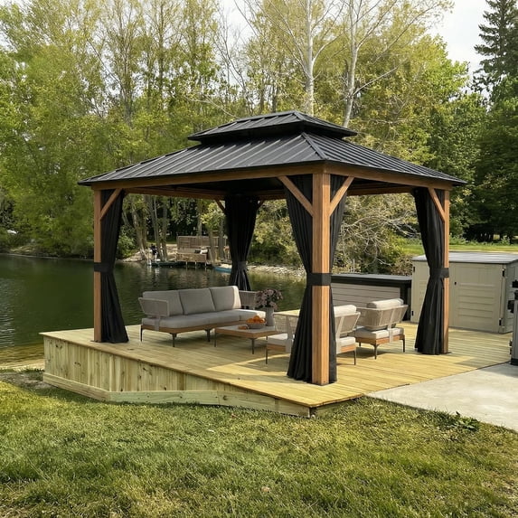 PURPLE LEAF 8' x 10' Hardtop Gazebo Wood Grain Aluminum Frame Galvanized Steel Double Roof with Netting and Curtains Outdoor Patio Gazebo Deck Backyard Garden