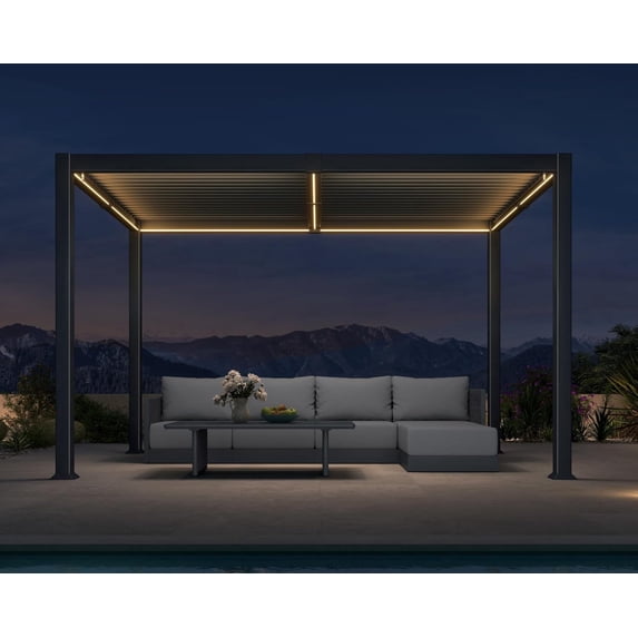 PURPLE LEAF 8' x 12' 92KS Louvered Aluminum Pergola Integrated Solar Dimmable LED Strip Rainproof Adjustable Roof for Outdoor Grill Patio Deck Garden Gray