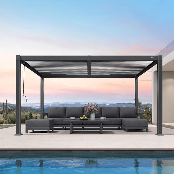 PURPLE LEAF 8' x 14' Louvered Aluminum Pergola Adjustable Roof with Integrated Drainage 70 Mph High Wind Resistant for Patio Deck Porch Yard