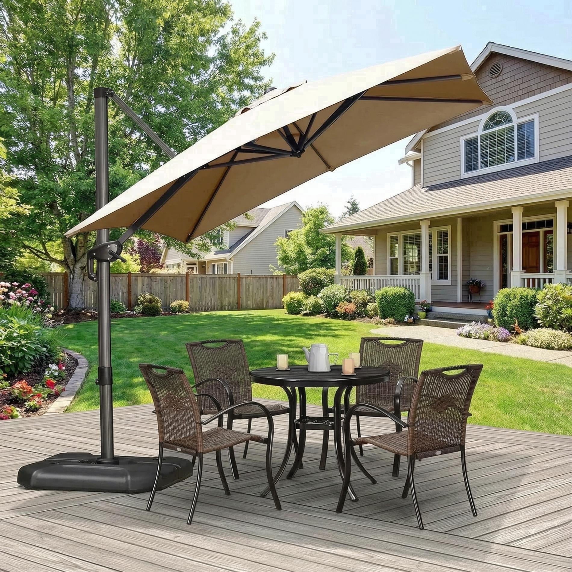 large square offset patio umbrellas Mojia Cantilever Umbrella with Cross Base and Cover Included dyed fabric PURPLE LEAF 8x8 Ft Cantilever