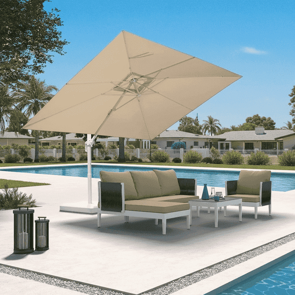PURPLE LEAF 9 × 11.5 FT Patio Umbrella White Cantilever Offset Umbrella Rectangle Outdoor Umbrella with 360° Rotation for Garden Deck Pool, Beige