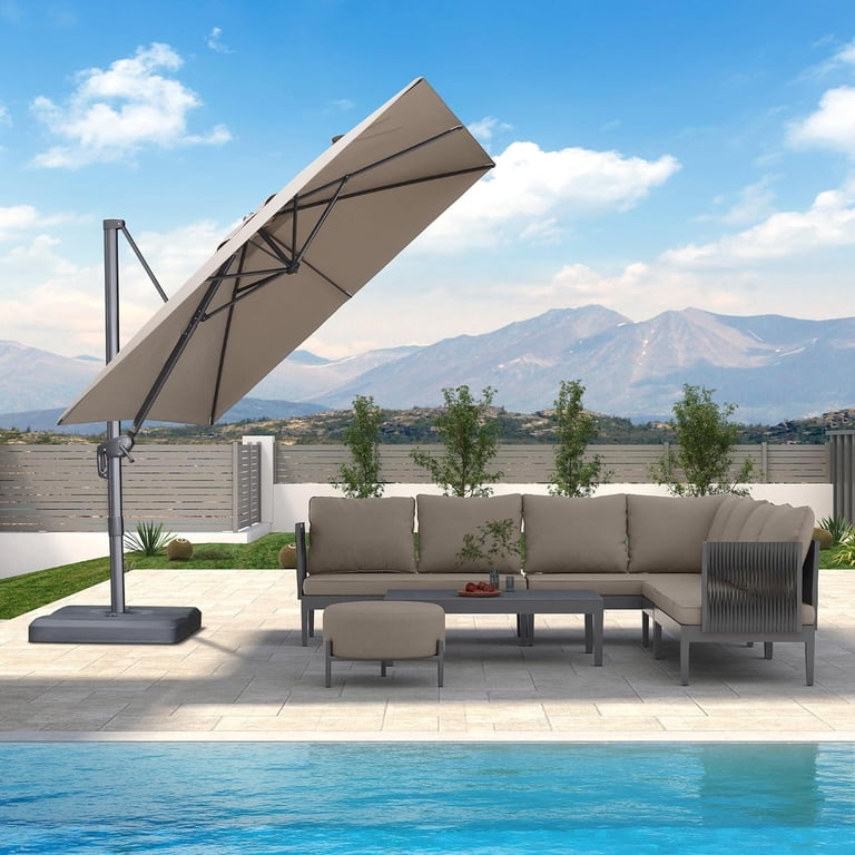 9 ft rectangular solar-powered patio umbrella in taupe FLAME&SHADE Solar with a Centre Light, This umbrella is a versatile item that moves seamlessly from day to evening use Aok Garden 10 Ft Solar