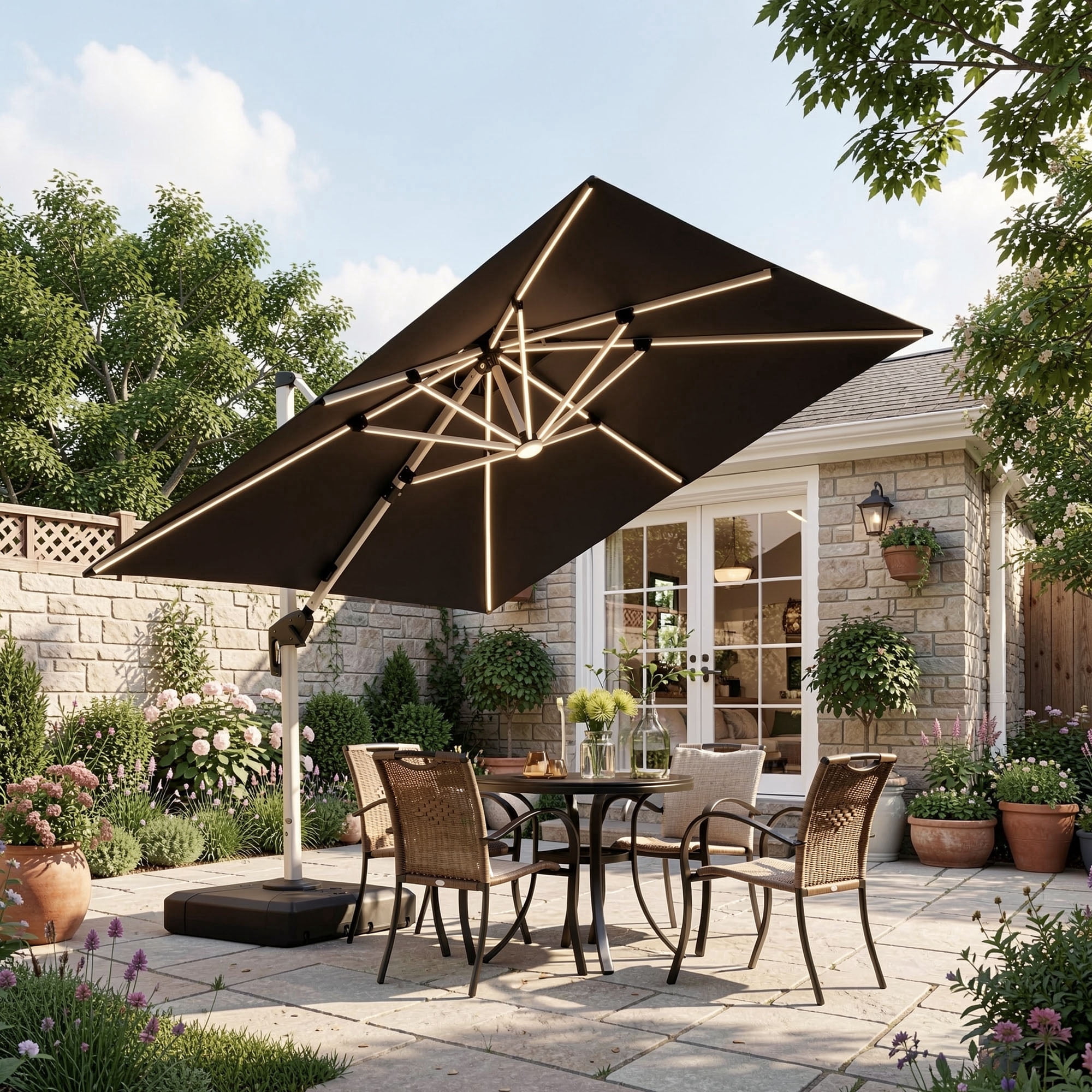 PURPLE LEAF 9 Feet LED Umbrella with Base Cantilever Umbrellas Large Umbrella Outdoor Umbrellas Offset Umbrellas Square Patio Umbrella for Pool, Gray