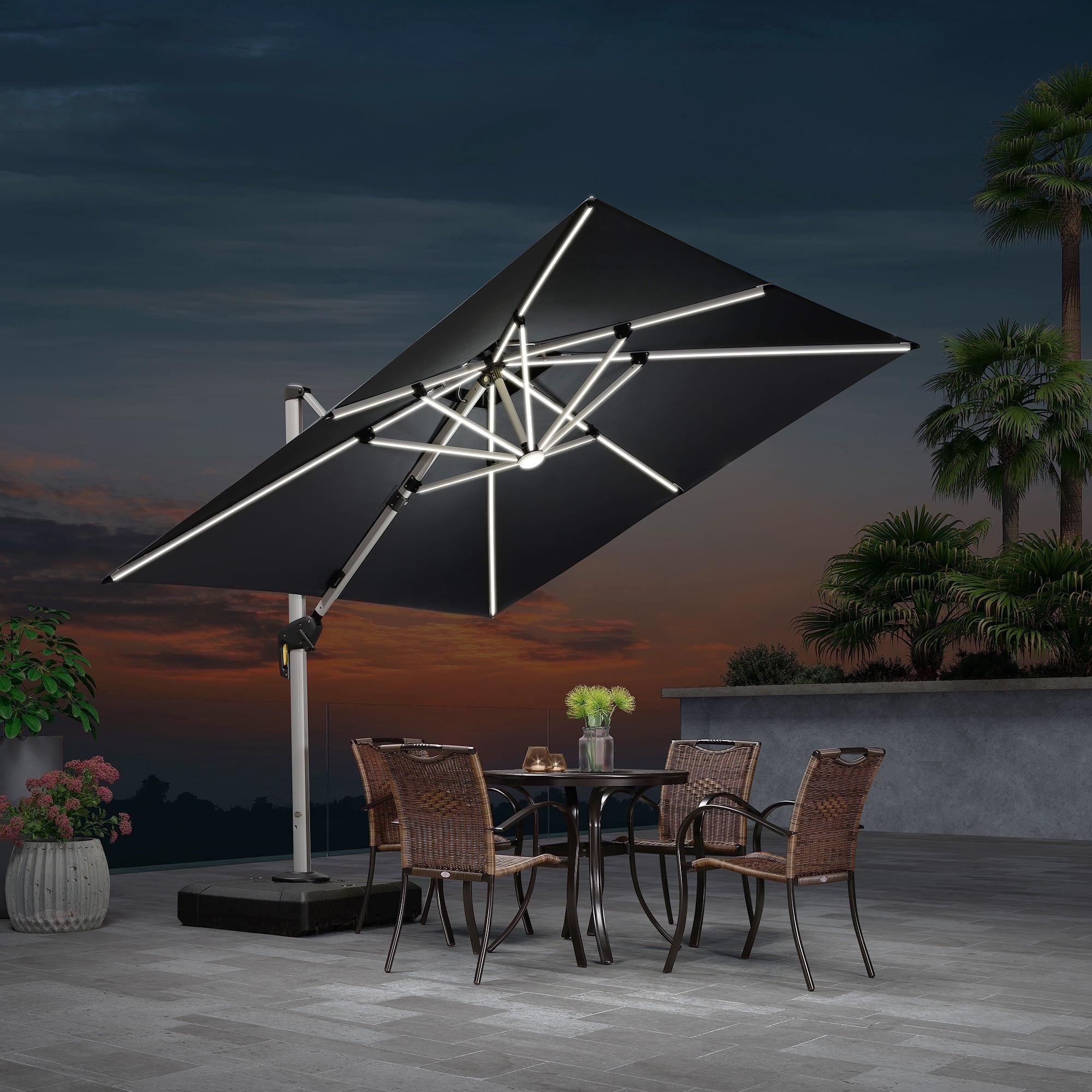 PURPLE LEAF 9 Feet Square Double Top Deluxe Solar Powered LED Patio Umbrella Outdoor Cantilever Umbrella, Gray
