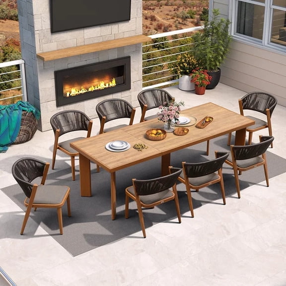 PURPLE LEAF 9-Piece Patio Dining Set, Aluminum Outdoor Table And 8 All-Weather PE Rattan Chairs With Cushions For Lawn, Garden, Porch, Deep Teak