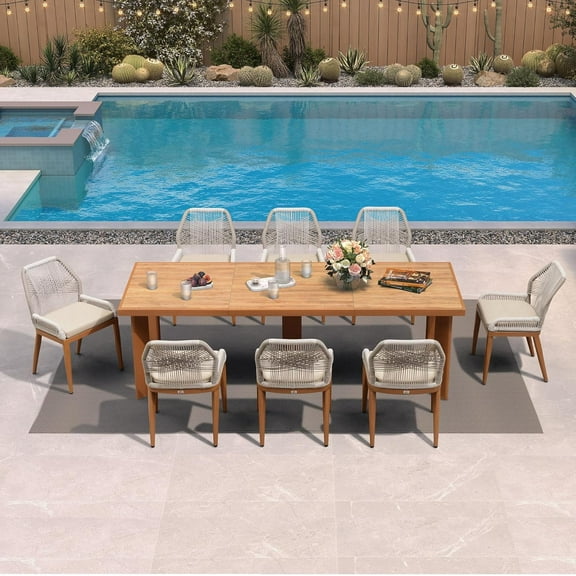 PURPLE LEAF 9 Pieces Modern Patio Dining Set, Rectangular Aluminum Outdoor Table and 8 All-Weather PE Rattan Chairs set for Kitchen Porch and Garden,