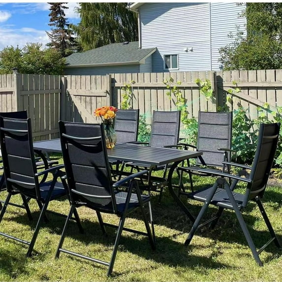 PURPLE LEAF 9 Pieces Outdoor Patio Dining Set with 8 Folding Portable Chairs and 1 Rectangle Aluminum Table, Adjustable High Back Reclining Chairs with Soft Cotton-Padded Seat, Black
