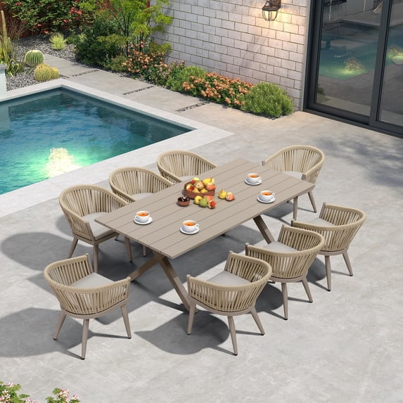 PURPLE LEAF 9 Pieces Patio Dining Set, Rectangular Aluminum Outdoor Table and 8 Wicker Chairs with Cushions for Garden Kitchen and Porch, Champagne