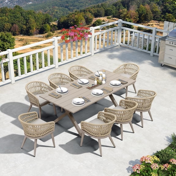 PURPLE LEAF 9 Pieces Patio Dining Set, Rectangular Aluminum Outdoor Table and 8 Wicker Chairs with Cushions for Garden Kitchen and Porch, Champagne