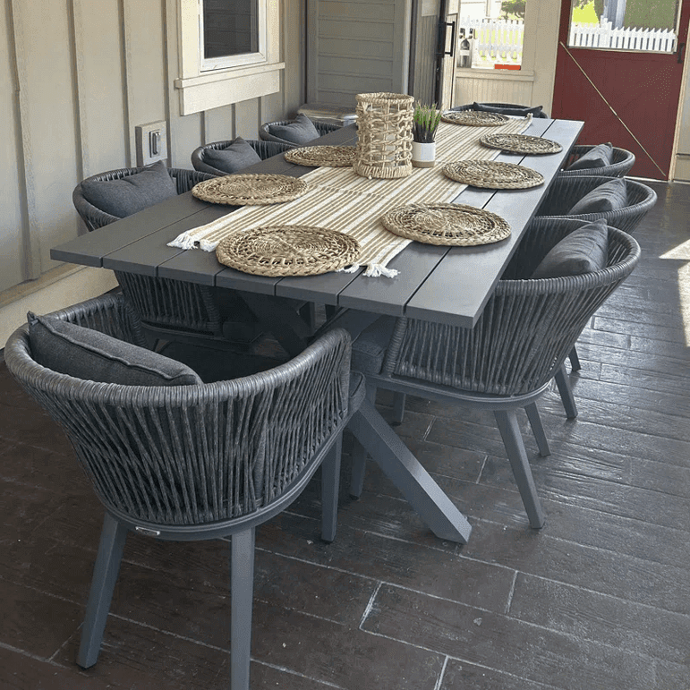 PURPLE LEAF 9 Pieces Patio Dining Set, Rectangular Aluminum Outdoor Table and 8 Wicker Chairs with Cushions for Garden Kitchen and Porch, Grey