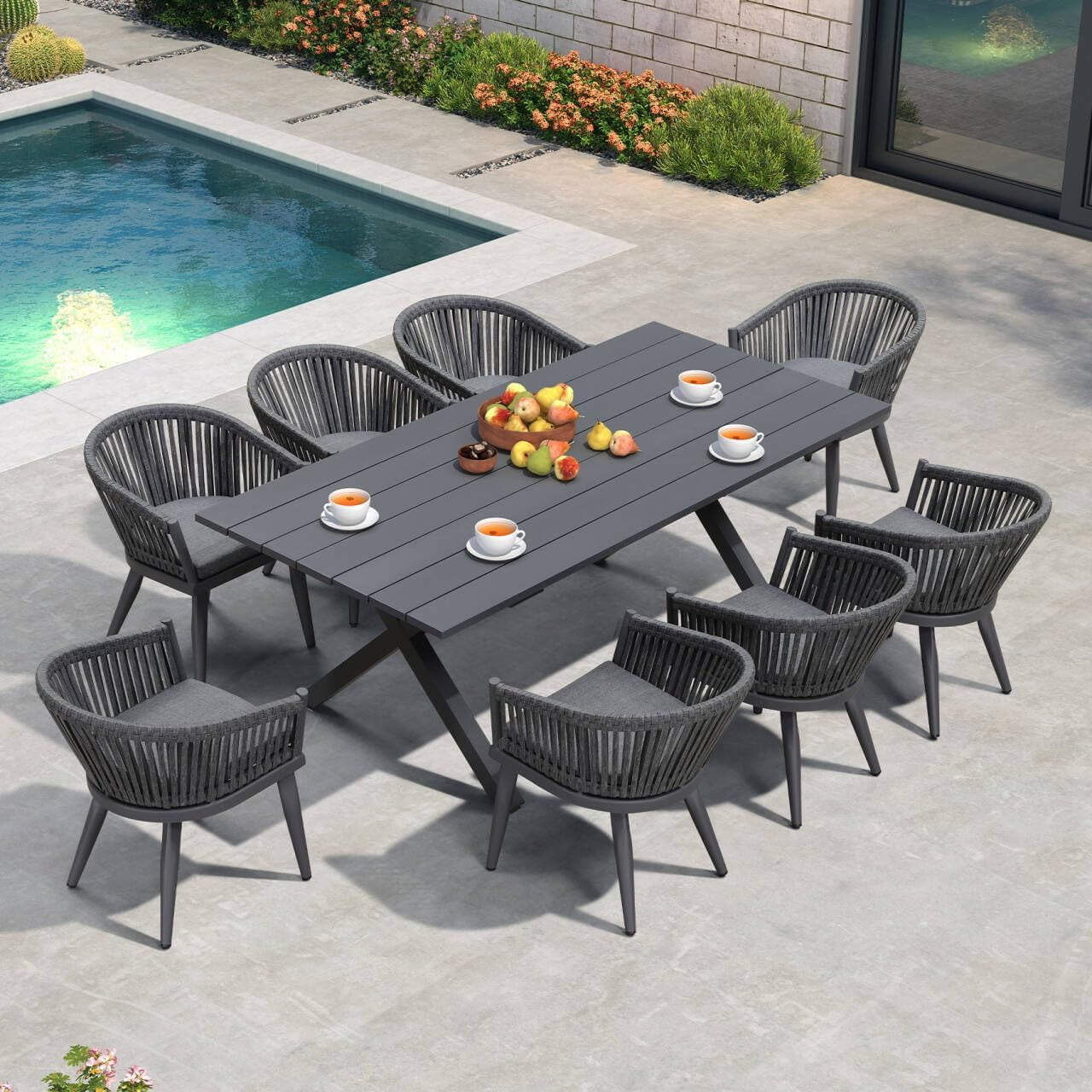 PURPLE LEAF 9 Pieces Patio Dining Set, Rectangular Aluminum Outdoor Table and 8 Wicker Chairs with Cushions for Garden Kitchen and Porch, Grey