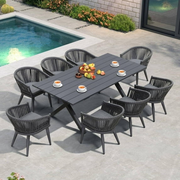 PURPLE LEAF 9 Pieces Patio Dining Set, Rectangular Aluminum Outdoor Table and 8 Wicker Chairs with Cushions for Garden Kitchen and Porch, Grey