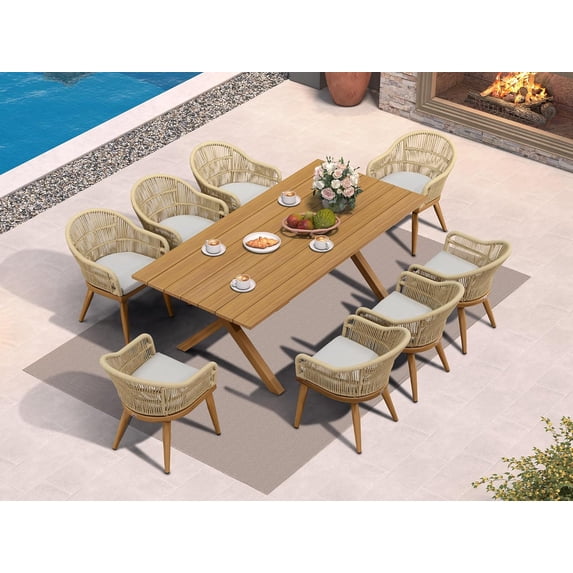PURPLE LEAF 9 Pieces Patio Dining Set, Rectangular Aluminum Outdoor Table and 8 Wicker Chairs with Cushions for Garden Kitchen and Porch, Teak