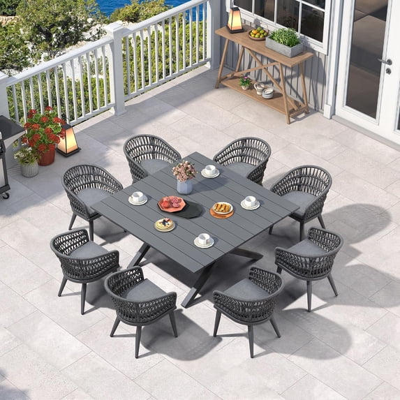 PURPLE LEAF 9 Pieces Patio Dining Set, Square Aluminum Outdoor Table And 8 Wicker Chairs with Cushions for Garden Kitchen and Porch, Grey