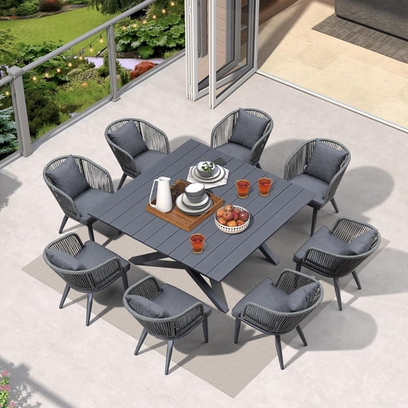 PURPLE LEAF 9 Pieces Patio Dining Set, Square Aluminum Outdoor Table And 8 Wicker Chairs with Cushions for Garden Kitchen and Porch, Grey